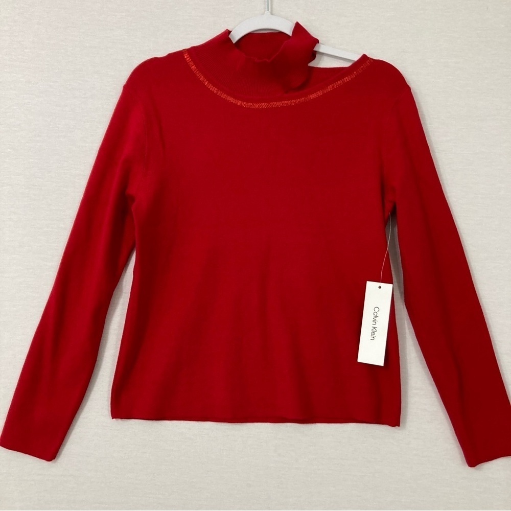 New Calvin Klein Red Sequins Cut Out Detail Soft‎ Stretch Knit Sweater Medium